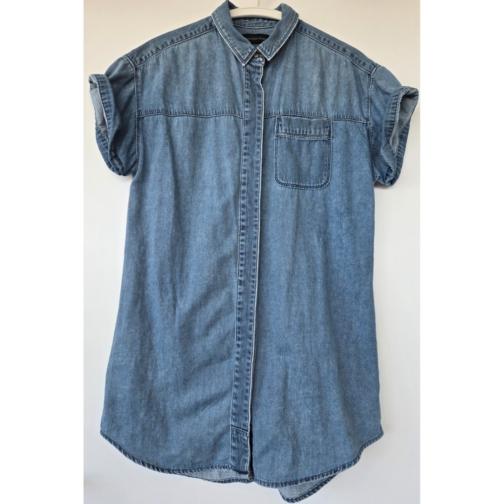 Calvin Klein Denim Jeans Shirt Dress Button Down Blue Cap Sleeve‎ Sz S Boyfriend